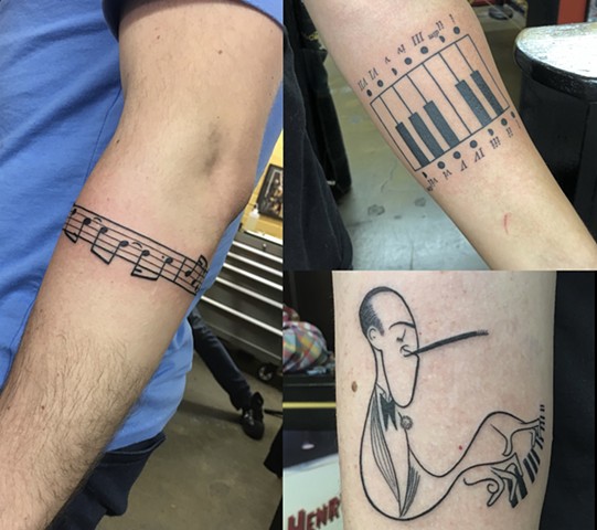 George Gershwin tattoo, Al Hirschfeld tattoo, music notes tattoo, piano tattoo, fineline tattoo, Tad Peyton tattoo, Jinx Proof Tattoo, Washington D.C. tattoo, Absolute Art Tattoo, Richmond Va tattoo