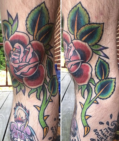 traditional knee tattoo, knee rose tattoo, Tad Peyton tattoo, Jinx Proof Tattoo, Washington D.C. tattoo, Absolute Art Tattoo, Richmond Va tattoo
