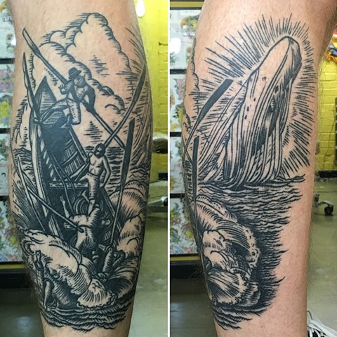 Moby Dick tattoo, woodcut tattoo, etching tattoo, Tad Peyton tattoo, Jinx Proof Tattoo, Washington D.C. tattoo, Absolute Art Tattoo, Richmond Va tattoo