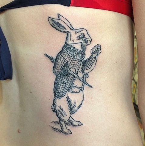 White Rabbit tattoo, Alice In Wonderland tattoo, woodcut tattoo, Tad Peyton tattoo, Jinx Proof Tattoo, Washington D.C. tattoo, Absolute Art Tattoo, Richmond Va tattoo