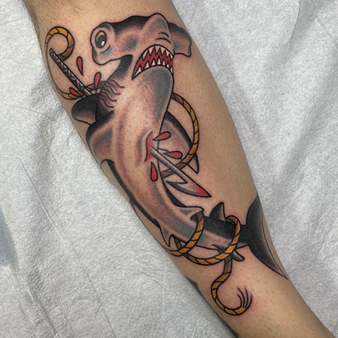 Traditional shark tattoo, hammerhead shark tattoo, Tad Peyton tattoo, Jinx Proof Tattoo, Washington D.C. tattoo, Absolute Art Tattoo, Richmond Va tattoo
