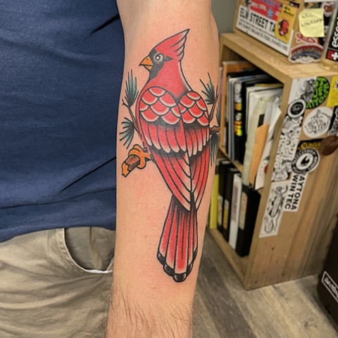 traditional cardinal tattoo, Tad Peyton tattoo, Jinx Proof Tattoo, Washington D.C. tattoo, Absolute Art Tattoo, Richmond Va tattoo