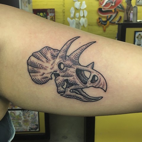 Triceratops tattoo, woodcut tattoo, Tad Peyton tattoo, Jinx Proof Tattoo, Washington D.C. tattoo, Absolute Art Tattoo, Richmond Va tattoo