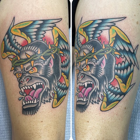 Traditional gorilla tattoo, Tad Peyton tattoo, Jinx Proof Tattoo, Washington D.C. tattoo, Absolute Art Tattoo, Richmond Va tattoo