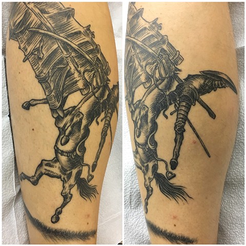 Don Quixote tattoo, woodcut tattoo, Tad Peyton tattoo, Jinx Proof Tattoo, Washington D.C. tattoo, Absolute Art Tattoo, Richmond Va tattoo