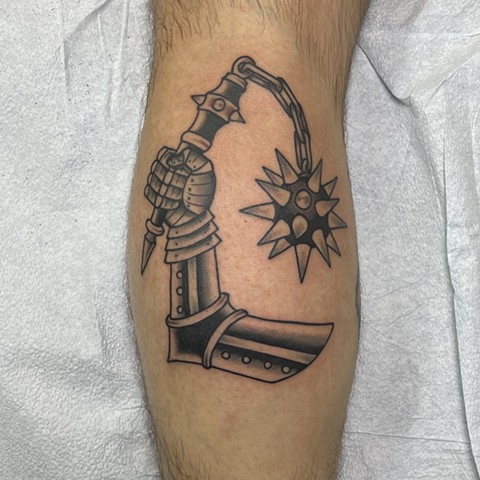 traditional flail tattoo, medieval tattoo, Tad Peyton tattoo, Jinx Proof Tattoo, Washington D.C. tattoo, Absolute Art Tattoo, Richmond Va tattoo