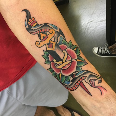 snake tattoo, dagger tattoo, rose tattoo, Tad Peyton tattoo, Jinx Proof Tattoo, Washington D.C. tattoo, Absolute Art Tattoo, Richmond Va tattoo