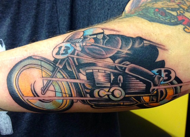 European 1950's motorcycle race poster tattoo, vintage motorcycle tattoo, Tad Peyton tattoo, Jinx Proof Tattoo, Washington D.C. tattoo, Absolute Art Tattoo, Richmond Va tattoo