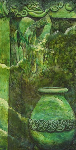 green water vessel bath bathing woman bas relief stone