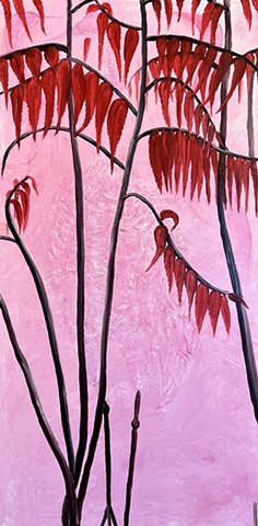 pink and red painting with cranes