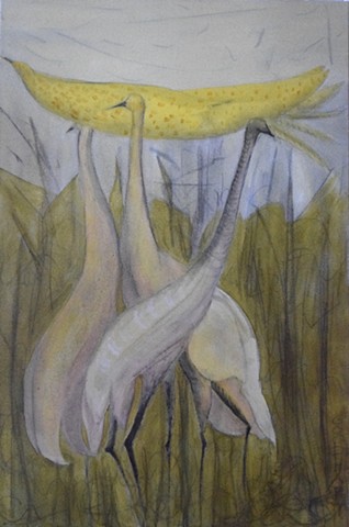 Cranes, vessel, spring, yellow, gray, sacred water
