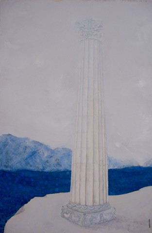 Corinthian column standing sentinel near port blue white relief carving