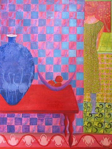 Red Table With Blue Vase