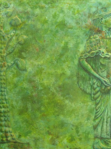 Priestess walking through sanctuary grove of temenos faux bas-relief
