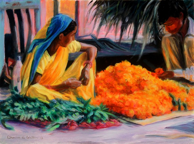 Jaipur India street scene painting of Indians preparing marigolds and other flowers for Diwali celebrations- rich yellow hues. 
