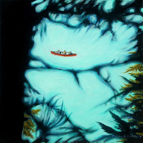 Lake Louise, Alberta painting of canoe from the woods above.