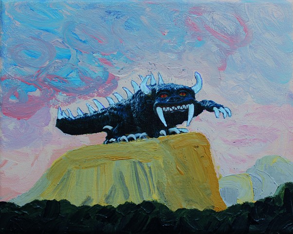 a mixed media acrylic painting of the mythical hodag of northern wisconsin standing on a mesa in the southwest united states with a sunset in the background