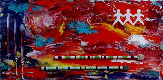 Abstract mixed media acrylic painting by ann laase bailey, primarily red background with paper dolls and spears beaded with seed beads stitched onto canvas