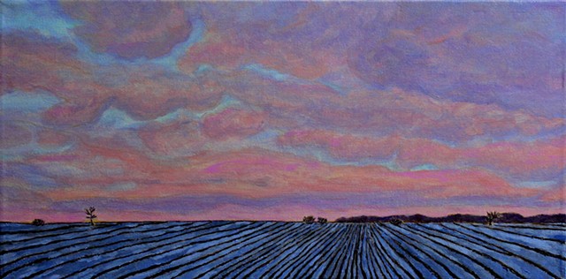 acrylic painting by ann laase bailey of a sunset over a snowy farm field in winter
