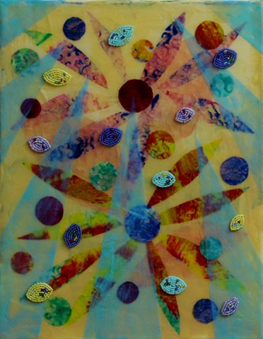 abstract acrylic mixed media painting by ann laase bailey primarily pale yellow and turquoise with stitched seed beads