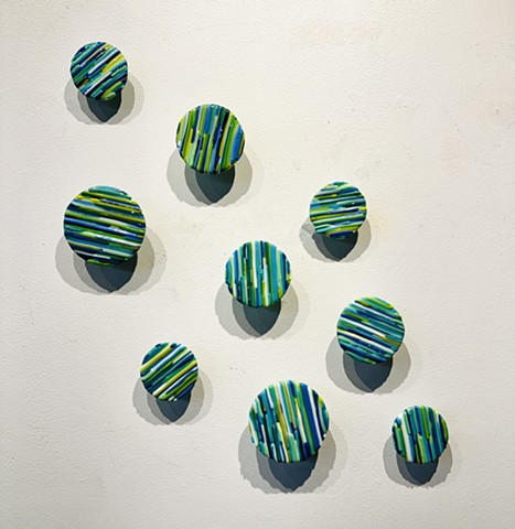 Abstract contemporary fused glass wall sculpture blues greens limes yellows striped texture