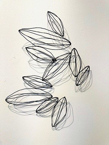 Steel wire sculpture seed pod clusters modern black lines shadows