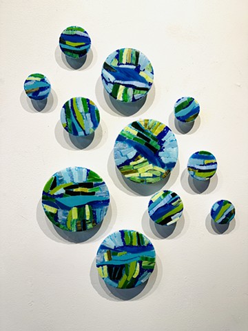 fused glass wall sculpture bold blues greens landscape topographical aerial view abstract contemporary 