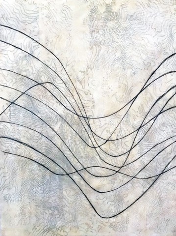 Encaustic black and white contemporary sine wave and topography painting