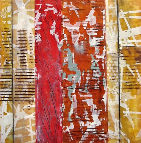 Abtract art Encaustic painting and screen printing on wood panel for sale