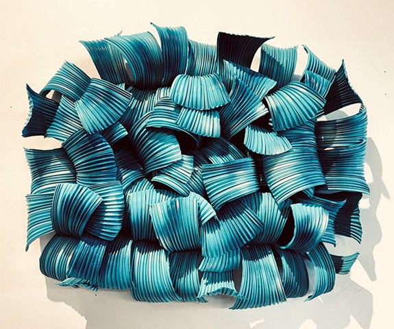 Blue waves of pleated aluminum wall sculpture contemporary modern metal wall art turquoise