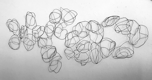 Black Encaustic beeswax dipped string wall sculpture drawing negative space shadow