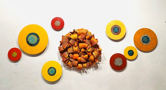 Contemporary modern orange red yellow wall sculpture art installation abstract