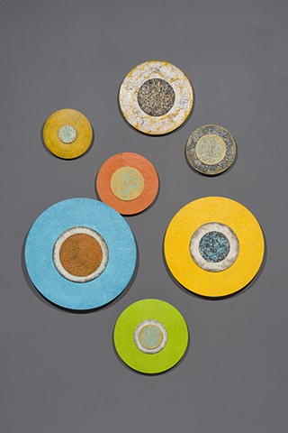 Modern Circular fall contemporary wall sculptures art installation autumn colors metallic paint encaustic
