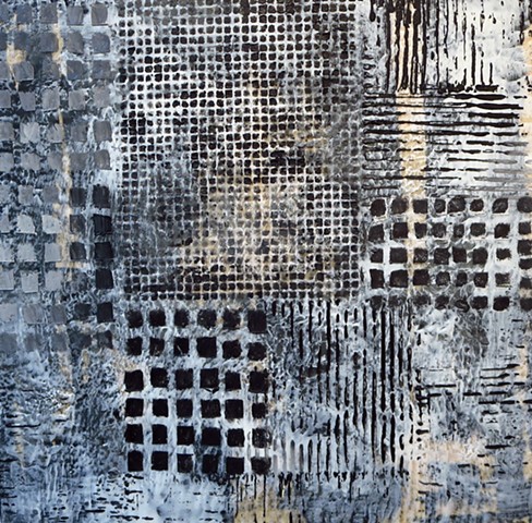 Black and white, abstract, cityscape, encaustic painting on wood