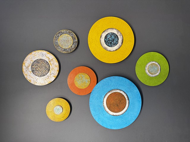 colorful abstract circle paintings mixed media encaustic metallic paint patina rust texture depth dimension