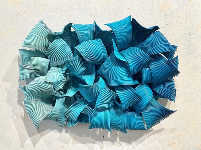 Organic sculpture blue on aluminum metal dimensional biomorphic form