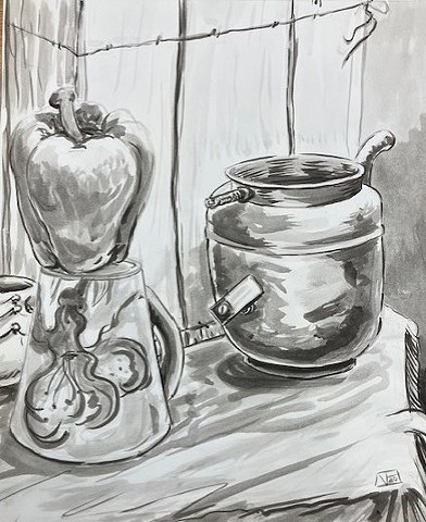 Still Life with Copper Pot, Cup, Pepper and Crate