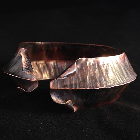 Forged and fold formed copper cuff, heat patinated