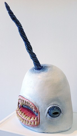 clay, sculpture, hand-built, coil-built, hand-painted, narwhal, creature
