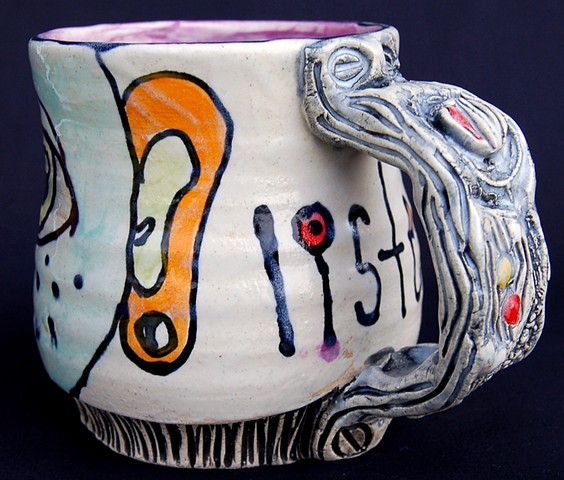 clay, ceramics, mug, wheel thrown, creatures, hand made, hand carved, hand drawn