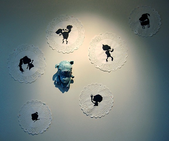 clay, sculpture, coil-built, hand-painted, hand-cut silhouettes