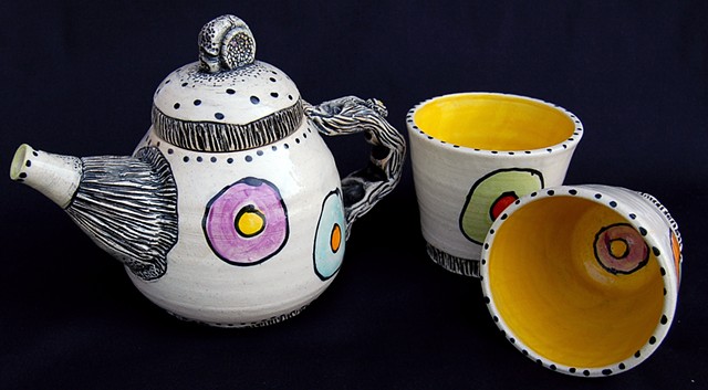clay, ceramics, cup, teapot, teaset, wheel thrown, creatures, hand made, hand carved, hand drawn