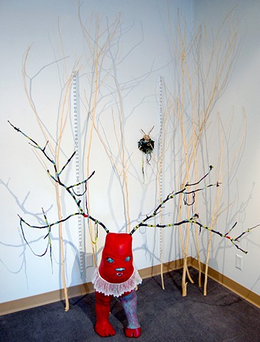 clay, scultpure, hand-built, coil-built, hand-painted, creatures, branches