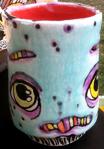 clay, ceramics, cup, wheel thrown, creatures, hand made, hand carved, hand drawn