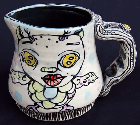 clay, ceramics, pitcher, wheel thrown, creatures, hand made, hand carved, hand drawn