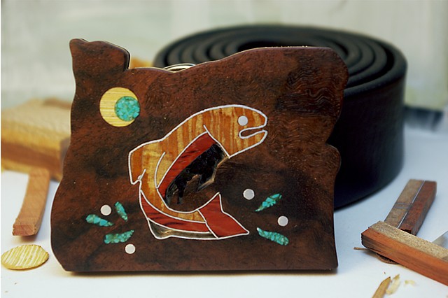 *Wood Belt Buckle handcrafted from scrap materials with fish inlay*