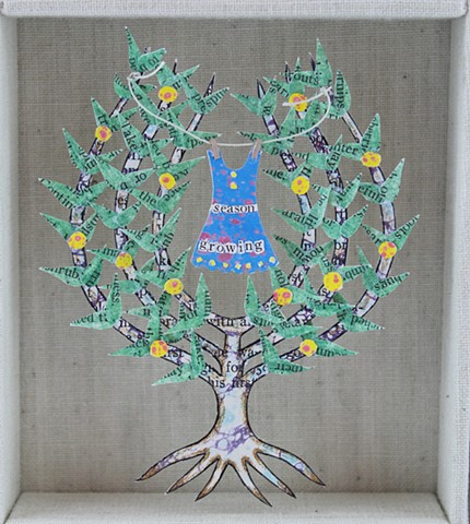 Espalier tree, altered book art, Lesley Patterson-Marx, mixed media