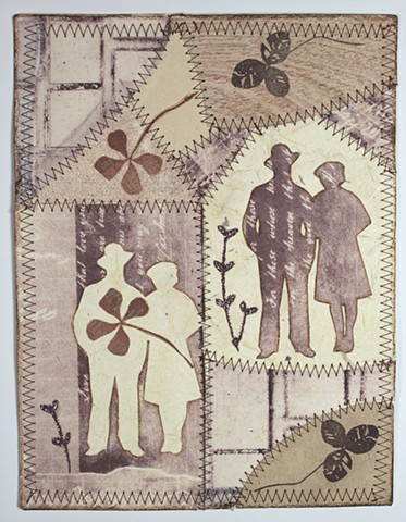 Paper Quilt with sillhouettes from found photographs, mixed media printmaking