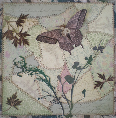 found photograph, butterfly, mixed media printmaking, paper quilt