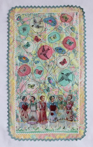 The Apron Strings of Ancestors by Lesley Patterson-Marx, Fiber Arts, Vintage Aprons, Marbling on Fabric, Mixed Media Art